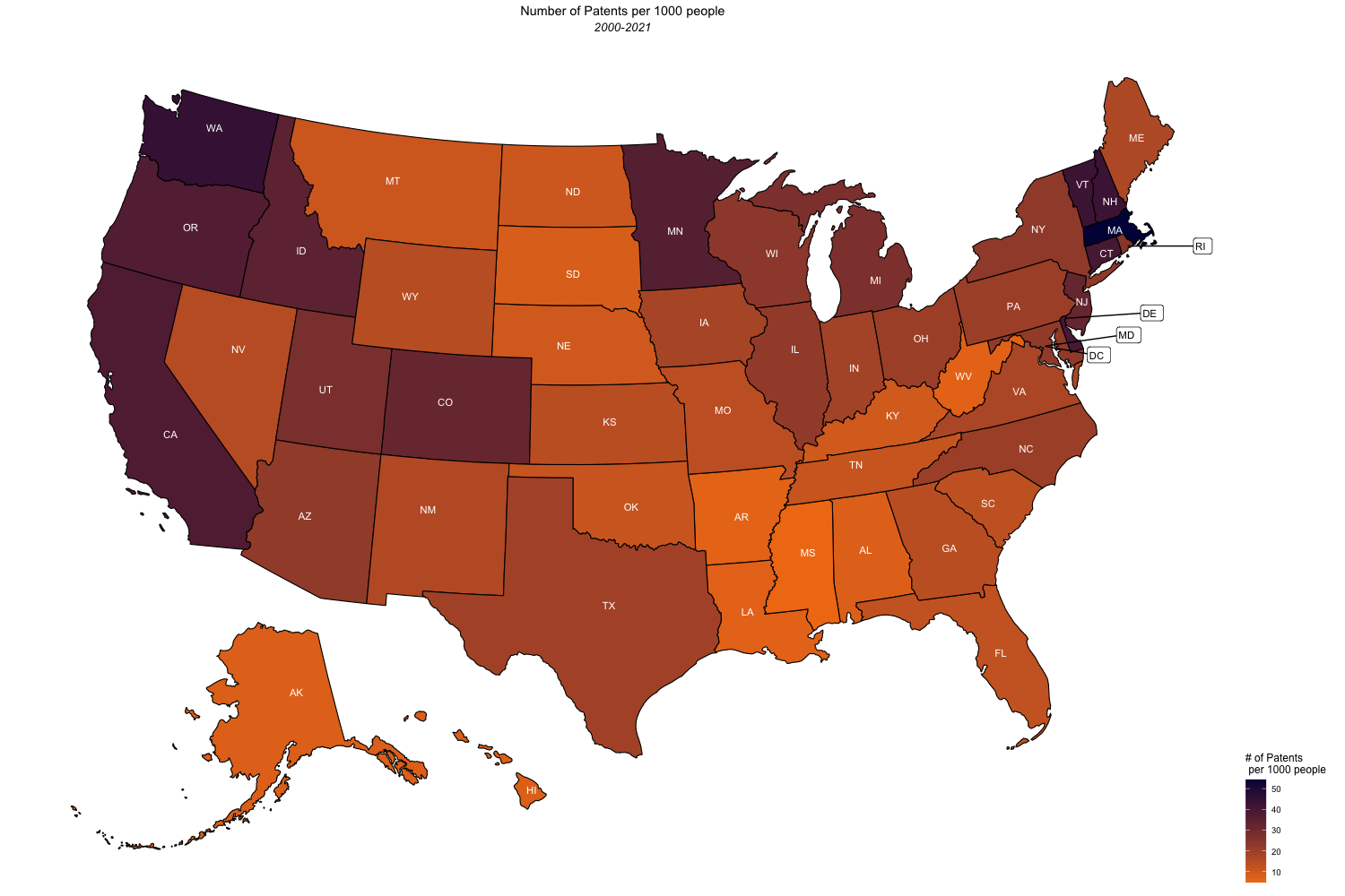 map with color gradient showing density of patents per 1,000 people
