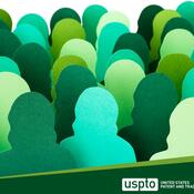 Felt cut outlines of people in varying shades of green, assembled in a crowd. USPTO logo in the bottom right corner.